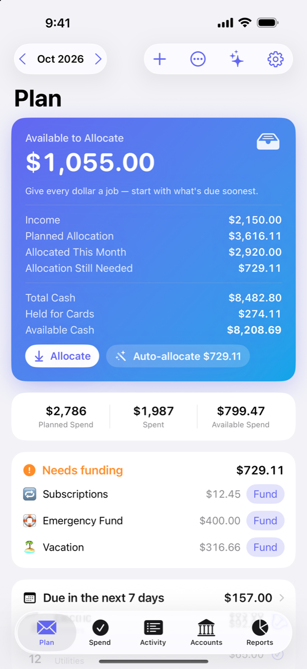 The Plan tab on iPhone: the Available to Allocate card with Allocate and Auto-allocate