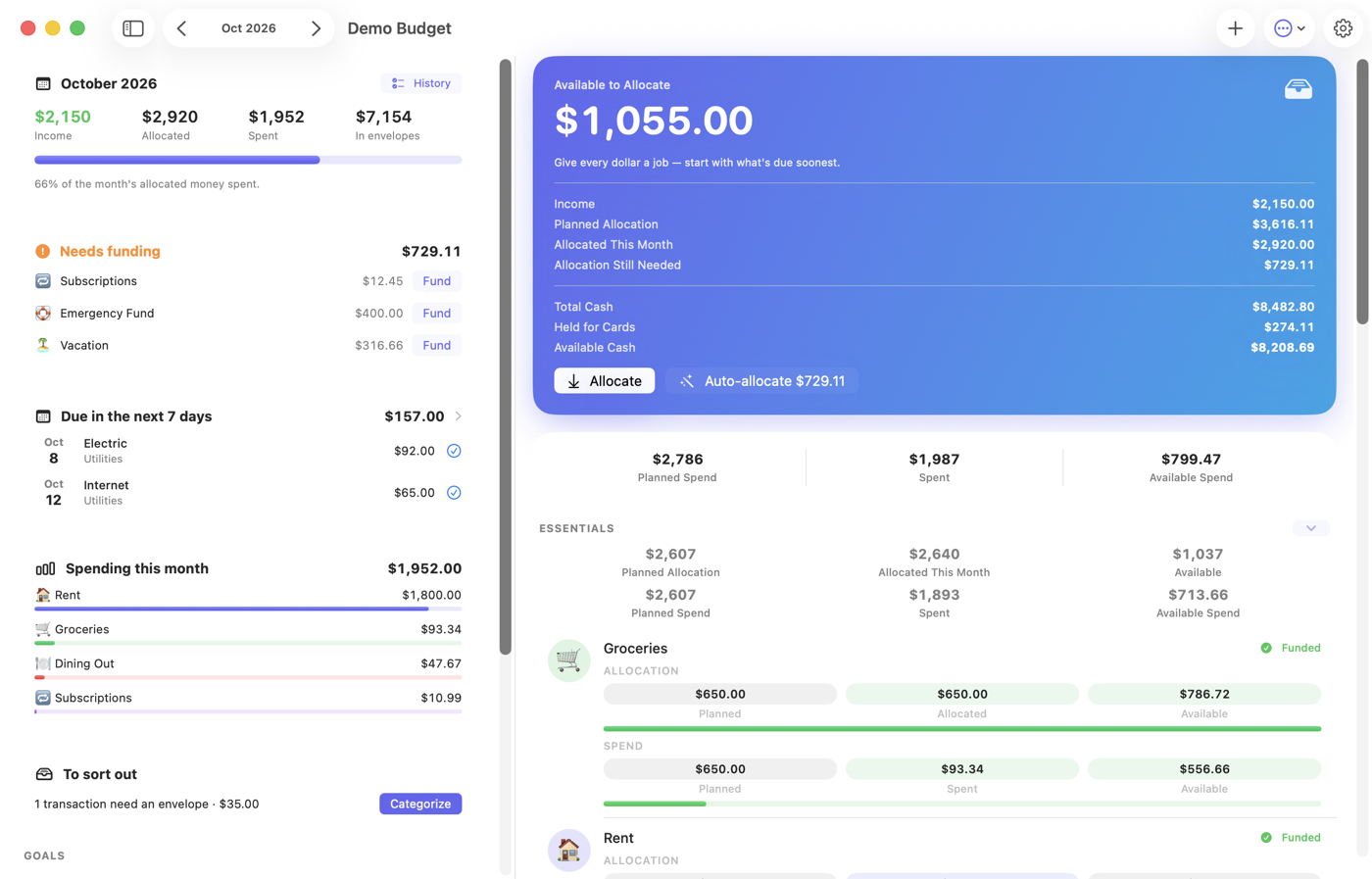 Afford on Mac: the Plan with Available to Allocate, envelopes, what needs funding and upcoming bills