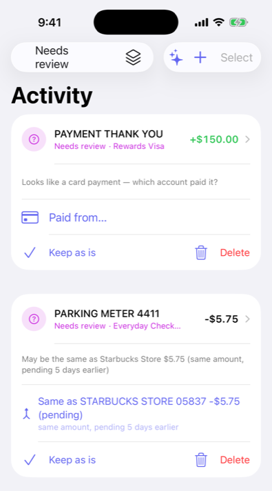 Activity review: flagged rows with one-tap fixes